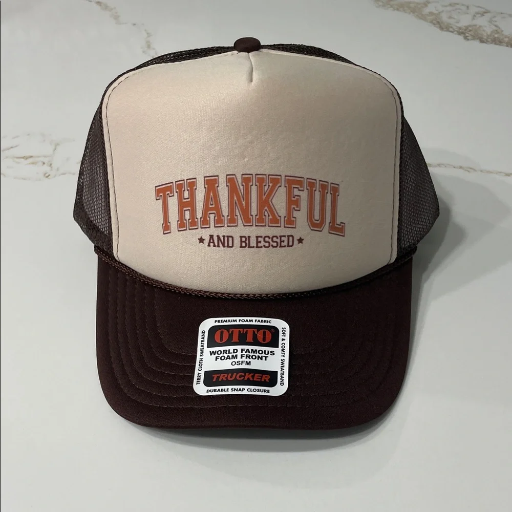 Thankful and Blessed Brown and Cream Trucker Hat